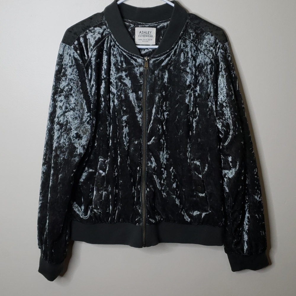 Ashley Outerwear Green Velour Bomer Jacket